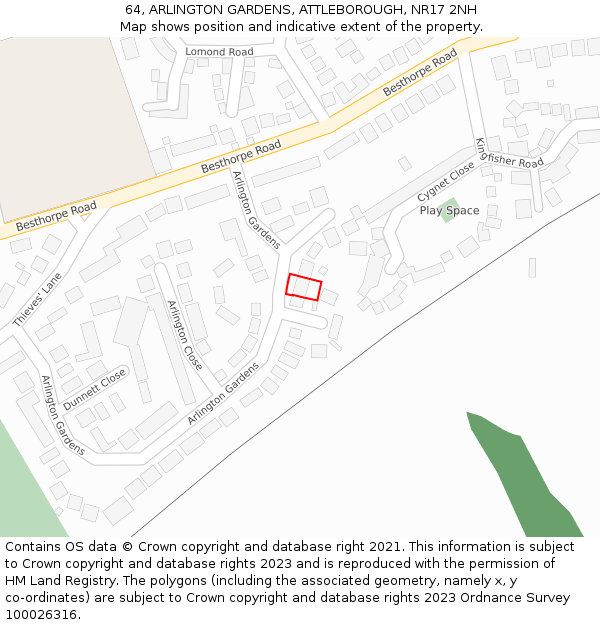 64, ARLINGTON GARDENS, ATTLEBOROUGH, NR17 2NH: Location map and indicative extent of plot