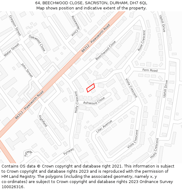 64, BEECHWOOD CLOSE, SACRISTON, DURHAM, DH7 6QL: Location map and indicative extent of plot