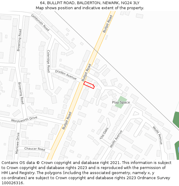 64, BULLPIT ROAD, BALDERTON, NEWARK, NG24 3LY: Location map and indicative extent of plot