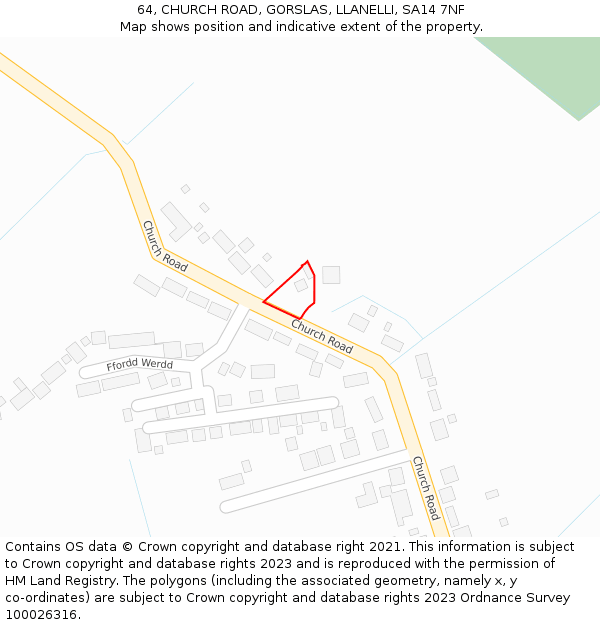 64, CHURCH ROAD, GORSLAS, LLANELLI, SA14 7NF: Location map and indicative extent of plot