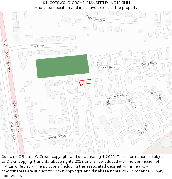 64, COTSWOLD GROVE, MANSFIELD, NG18 3HH: Location map and indicative extent of plot