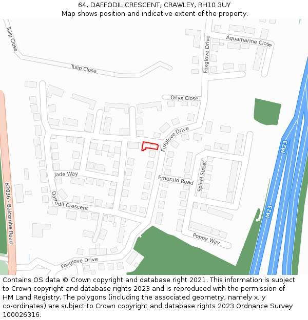 64, DAFFODIL CRESCENT, CRAWLEY, RH10 3UY: Location map and indicative extent of plot