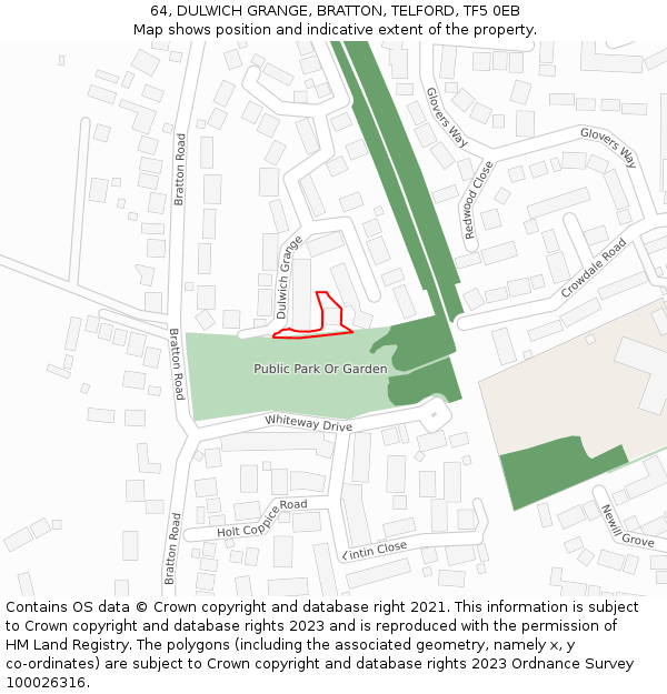 64, DULWICH GRANGE, BRATTON, TELFORD, TF5 0EB: Location map and indicative extent of plot