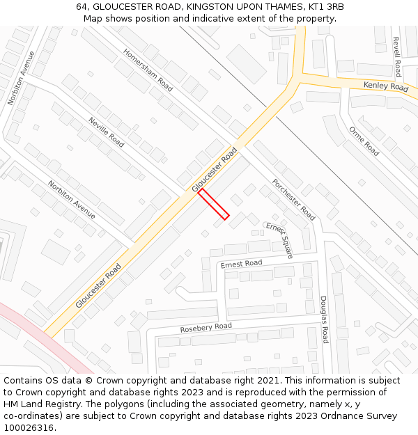 64, GLOUCESTER ROAD, KINGSTON UPON THAMES, KT1 3RB: Location map and indicative extent of plot