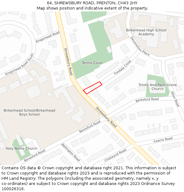 64, SHREWSBURY ROAD, PRENTON, CH43 2HY: Location map and indicative extent of plot