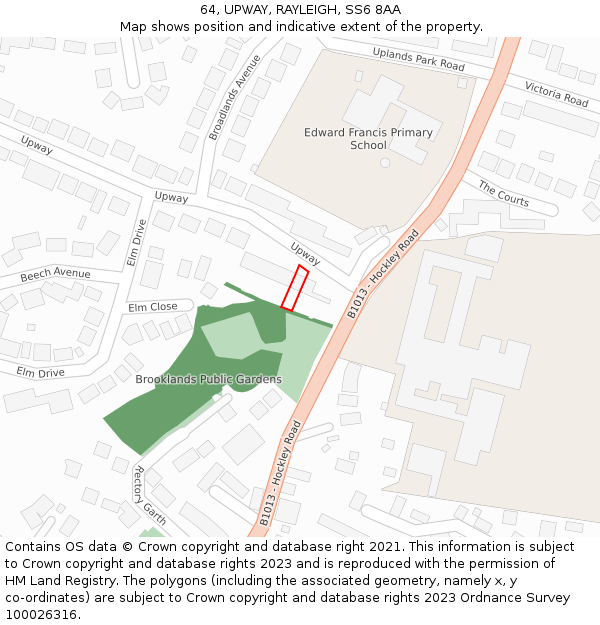 64, UPWAY, RAYLEIGH, SS6 8AA: Location map and indicative extent of plot