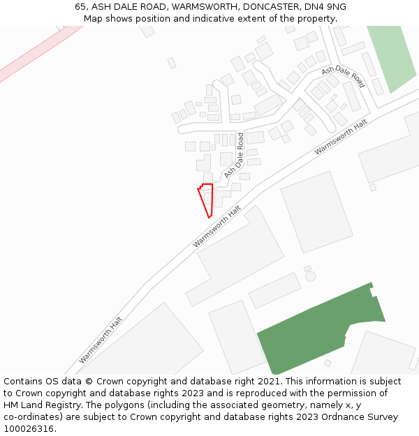 65, ASH DALE ROAD, WARMSWORTH, DONCASTER, DN4 9NG: Location map and indicative extent of plot