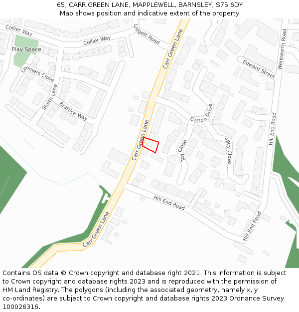 65, CARR GREEN LANE, MAPPLEWELL, BARNSLEY, S75 6DY: Location map and indicative extent of plot