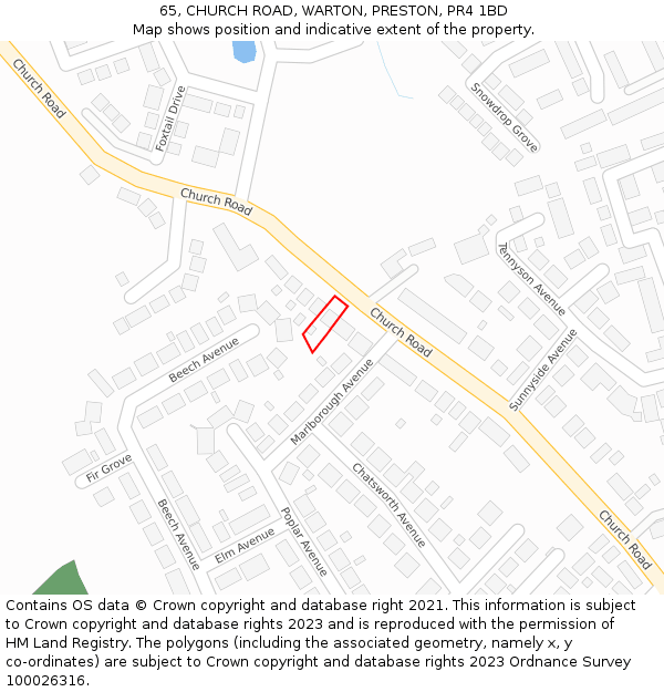 65, CHURCH ROAD, WARTON, PRESTON, PR4 1BD: Location map and indicative extent of plot