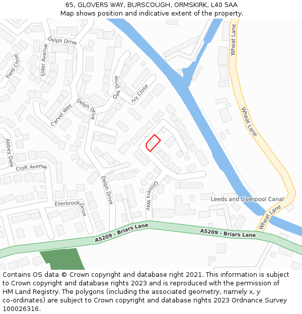 65, GLOVERS WAY, BURSCOUGH, ORMSKIRK, L40 5AA: Location map and indicative extent of plot