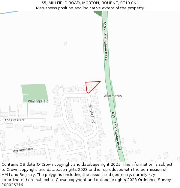 65, MILLFIELD ROAD, MORTON, BOURNE, PE10 0NU: Location map and indicative extent of plot