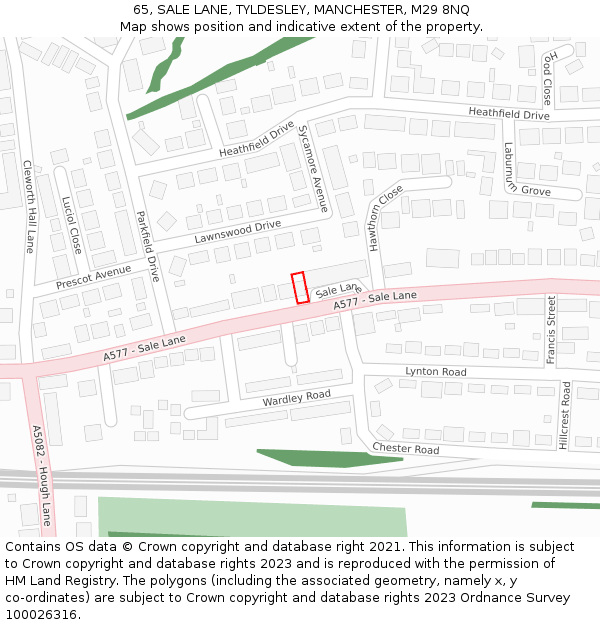 65, SALE LANE, TYLDESLEY, MANCHESTER, M29 8NQ: Location map and indicative extent of plot