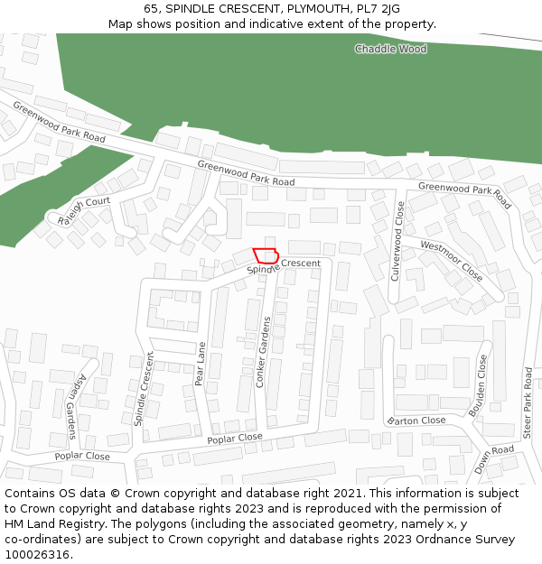 65, SPINDLE CRESCENT, PLYMOUTH, PL7 2JG: Location map and indicative extent of plot