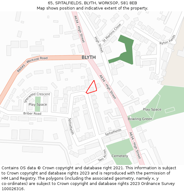 65, SPITALFIELDS, BLYTH, WORKSOP, S81 8EB: Location map and indicative extent of plot