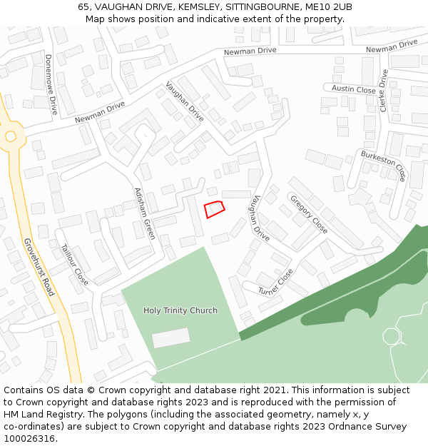 65, VAUGHAN DRIVE, KEMSLEY, SITTINGBOURNE, ME10 2UB: Location map and indicative extent of plot