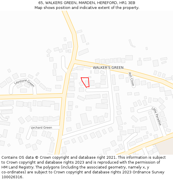 65, WALKERS GREEN, MARDEN, HEREFORD, HR1 3EB: Location map and indicative extent of plot