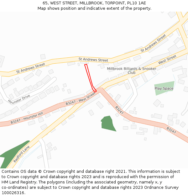 65, WEST STREET, MILLBROOK, TORPOINT, PL10 1AE: Location map and indicative extent of plot