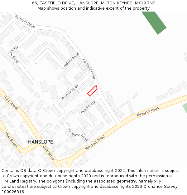 66, EASTFIELD DRIVE, HANSLOPE, MILTON KEYNES, MK19 7NS: Location map and indicative extent of plot