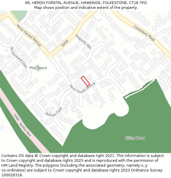 66, HERON FORSTAL AVENUE, HAWKINGE, FOLKESTONE, CT18 7PG: Location map and indicative extent of plot