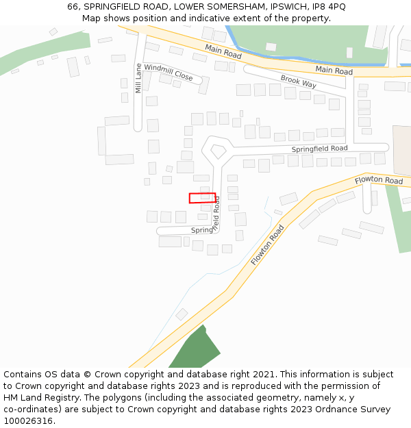 66, SPRINGFIELD ROAD, LOWER SOMERSHAM, IPSWICH, IP8 4PQ: Location map and indicative extent of plot