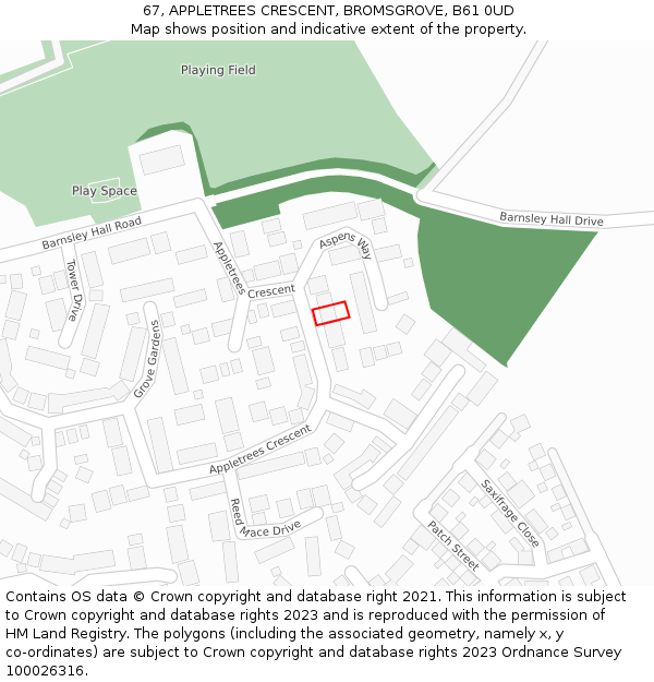 67, APPLETREES CRESCENT, BROMSGROVE, B61 0UD: Location map and indicative extent of plot