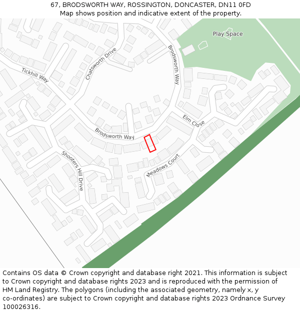 67, BRODSWORTH WAY, ROSSINGTON, DONCASTER, DN11 0FD: Location map and indicative extent of plot