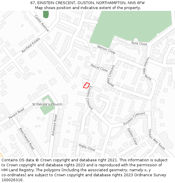 67, EINSTEIN CRESCENT, DUSTON, NORTHAMPTON, NN5 6FW: Location map and indicative extent of plot