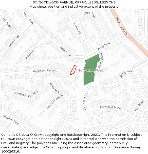 67, GOODWOOD AVENUE, KIPPAX, LEEDS, LS25 7HS: Location map and indicative extent of plot