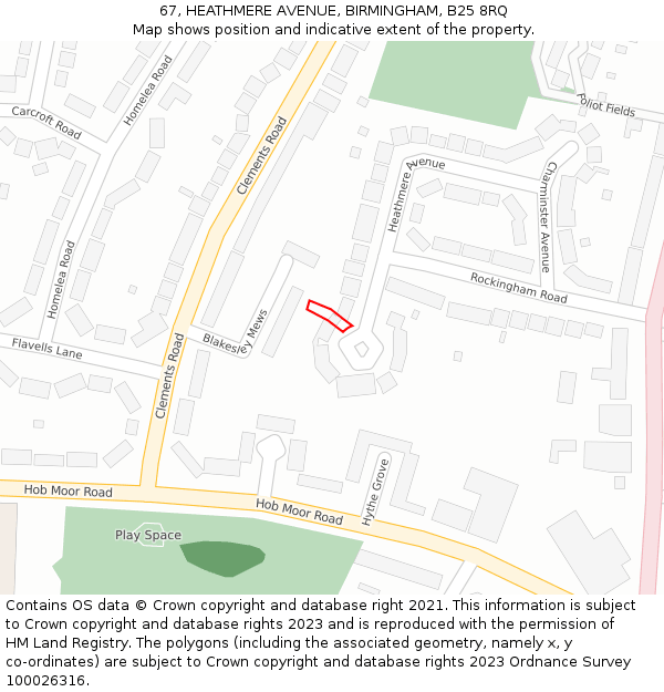 67, HEATHMERE AVENUE, BIRMINGHAM, B25 8RQ: Location map and indicative extent of plot