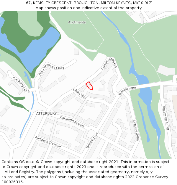 67, KEMSLEY CRESCENT, BROUGHTON, MILTON KEYNES, MK10 9LZ: Location map and indicative extent of plot