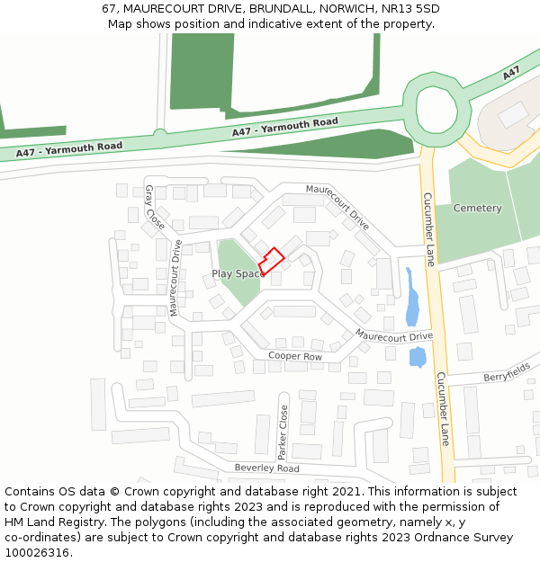 67, MAURECOURT DRIVE, BRUNDALL, NORWICH, NR13 5SD: Location map and indicative extent of plot