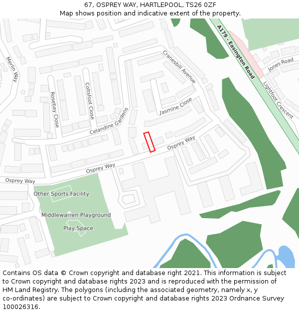 67, OSPREY WAY, HARTLEPOOL, TS26 0ZF: Location map and indicative extent of plot