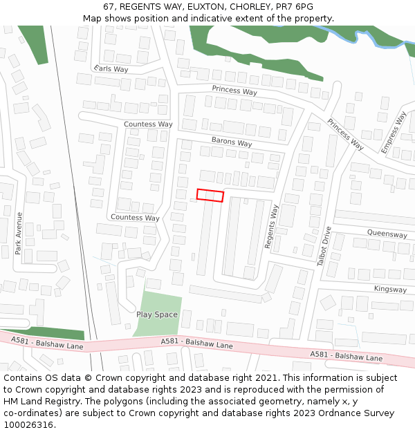 67, REGENTS WAY, EUXTON, CHORLEY, PR7 6PG: Location map and indicative extent of plot