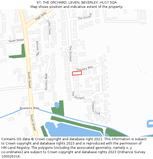 67, THE ORCHARD, LEVEN, BEVERLEY, HU17 5QA: Location map and indicative extent of plot