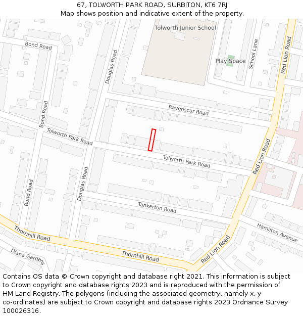 67, TOLWORTH PARK ROAD, SURBITON, KT6 7RJ: Location map and indicative extent of plot