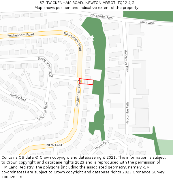 67, TWICKENHAM ROAD, NEWTON ABBOT, TQ12 4JG: Location map and indicative extent of plot