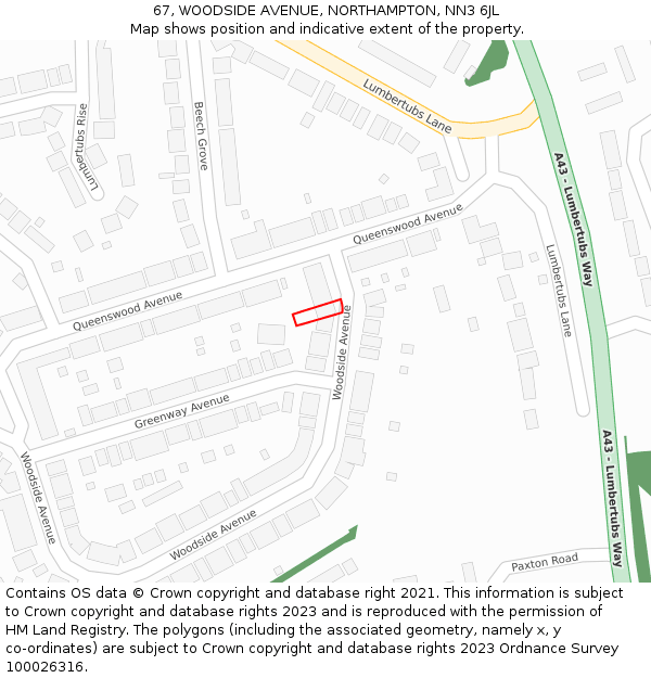 67, WOODSIDE AVENUE, NORTHAMPTON, NN3 6JL: Location map and indicative extent of plot