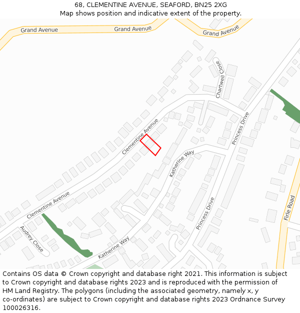 68, CLEMENTINE AVENUE, SEAFORD, BN25 2XG: Location map and indicative extent of plot