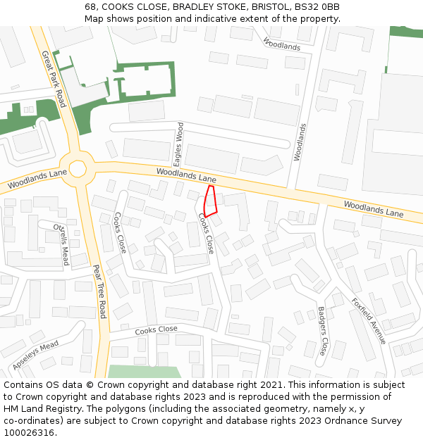 68, COOKS CLOSE, BRADLEY STOKE, BRISTOL, BS32 0BB: Location map and indicative extent of plot