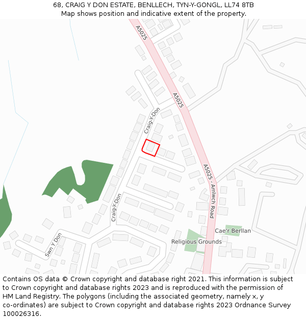 68, CRAIG Y DON ESTATE, BENLLECH, TYN-Y-GONGL, LL74 8TB: Location map and indicative extent of plot