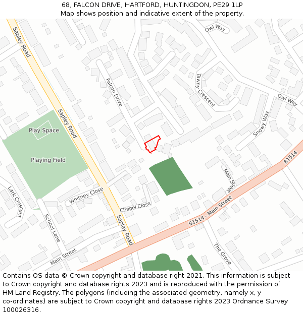 68, FALCON DRIVE, HARTFORD, HUNTINGDON, PE29 1LP: Location map and indicative extent of plot