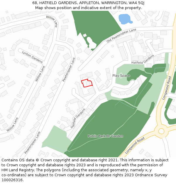 68, HATFIELD GARDENS, APPLETON, WARRINGTON, WA4 5QJ: Location map and indicative extent of plot