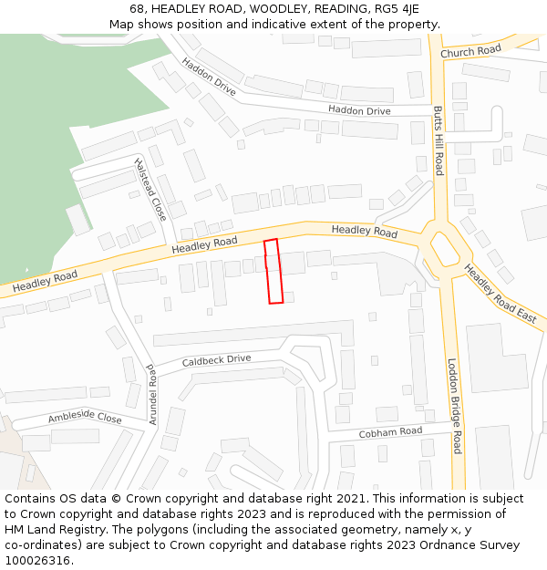 68, HEADLEY ROAD, WOODLEY, READING, RG5 4JE: Location map and indicative extent of plot