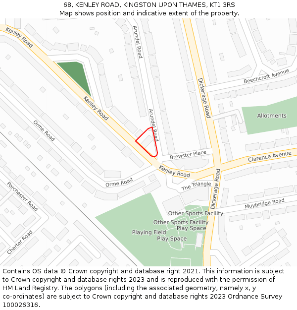 68, KENLEY ROAD, KINGSTON UPON THAMES, KT1 3RS: Location map and indicative extent of plot