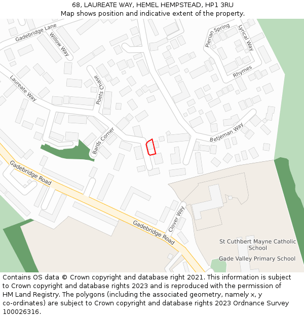 68, LAUREATE WAY, HEMEL HEMPSTEAD, HP1 3RU: Location map and indicative extent of plot