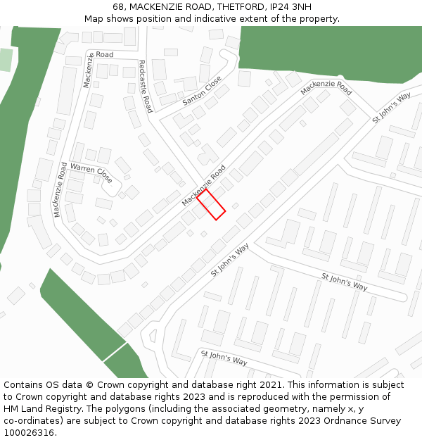 68, MACKENZIE ROAD, THETFORD, IP24 3NH: Location map and indicative extent of plot