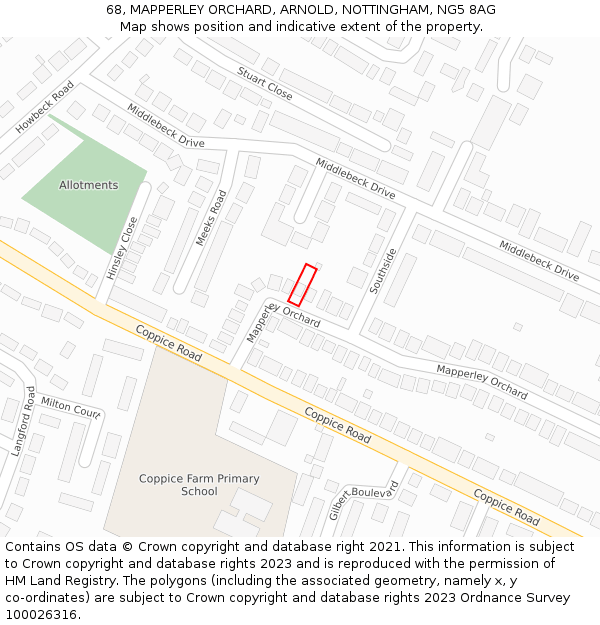 68, MAPPERLEY ORCHARD, ARNOLD, NOTTINGHAM, NG5 8AG: Location map and indicative extent of plot