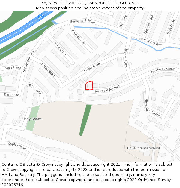 68, NEWFIELD AVENUE, FARNBOROUGH, GU14 9PL: Location map and indicative extent of plot