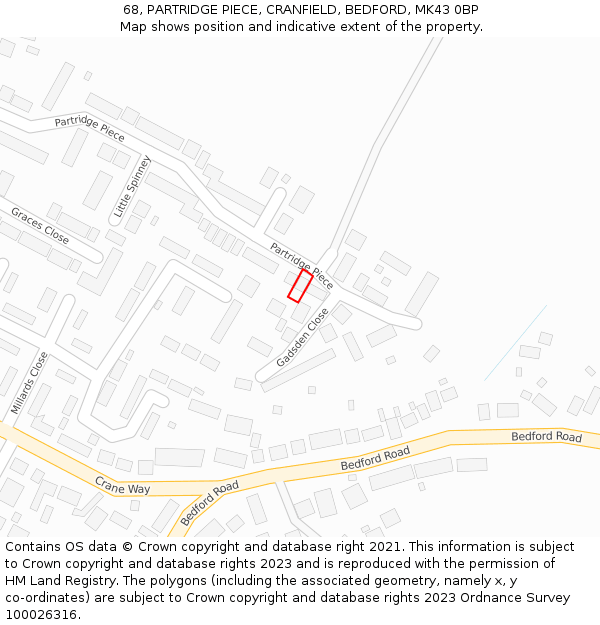 68, PARTRIDGE PIECE, CRANFIELD, BEDFORD, MK43 0BP: Location map and indicative extent of plot