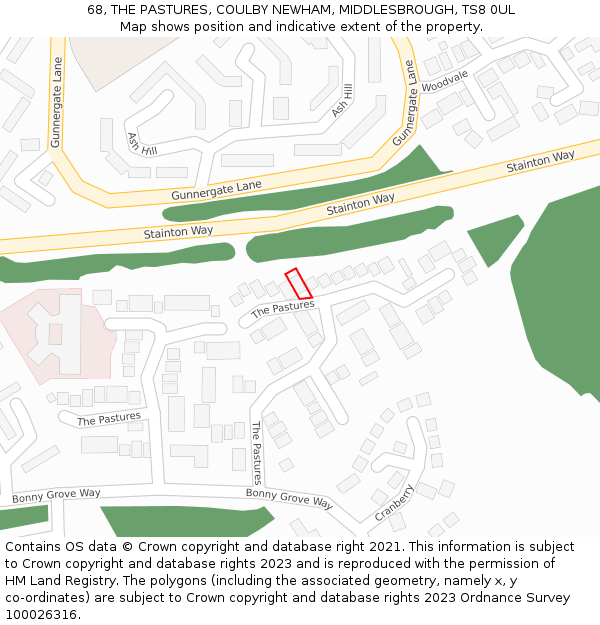 68, THE PASTURES, COULBY NEWHAM, MIDDLESBROUGH, TS8 0UL: Location map and indicative extent of plot